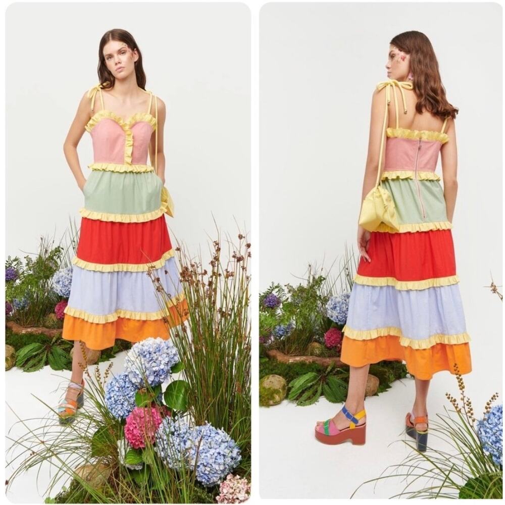 Celia B Siggi Colorblock Tiered Ruffle Detail Midi Dress Large NEW